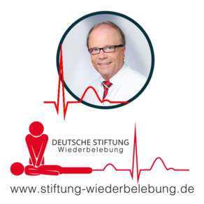 Logo und URL der Website der Deutsche Stiftung Wiederbelebung, oben sieht man ein Bild von Professor Dr. Bernd Böttiger